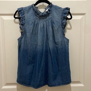 Miou Muse Denim Ruffle Neck Button Down Back Sleeveless Top